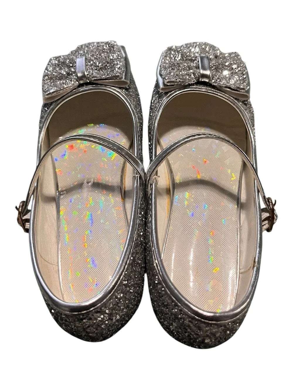 Girls Sparkle Silver Mary Jane Dress Shoes with Bow Accent